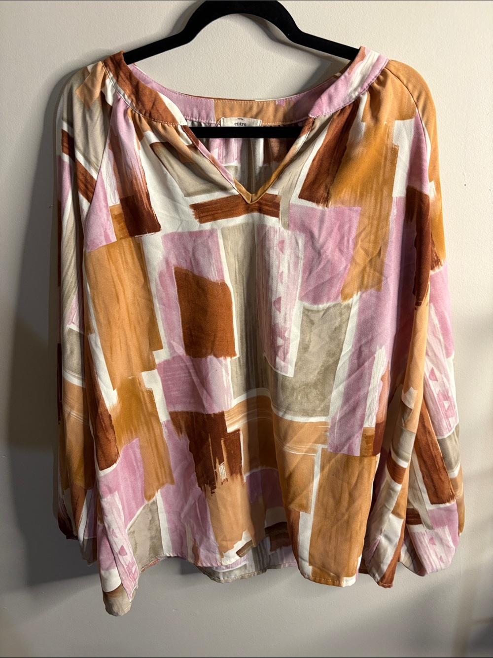 entro Abstract Patchwork V-Neck Blouse - Pink, Tan & Brown